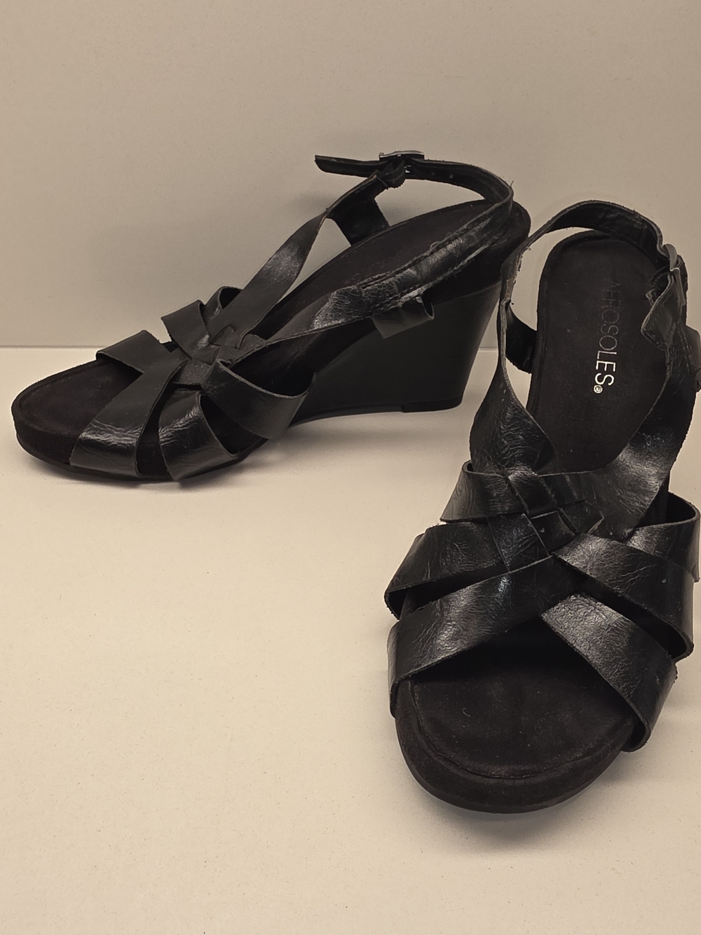 AEROSOLES Black Strappy Leather Wedge Sandals - Women - Picture 1 of 8